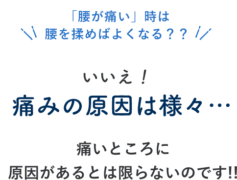 「腰が痛い」時は腰を揉めばよくなる？？いいえ、痛みの原因は様々…痛いところに原因があるとは限らないのです!!